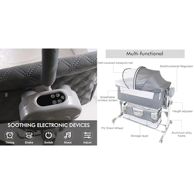 Magic ZC Elektrische Bluetooth Intelligent Beistellbett Baby mit Rollen, Convertible Faltbar Co-Sleeping Babybett, Fernbedienung, 5-schwankende Zahnräder, Stubenwagen Wiege mit Musik (608 Black) – Bild 4