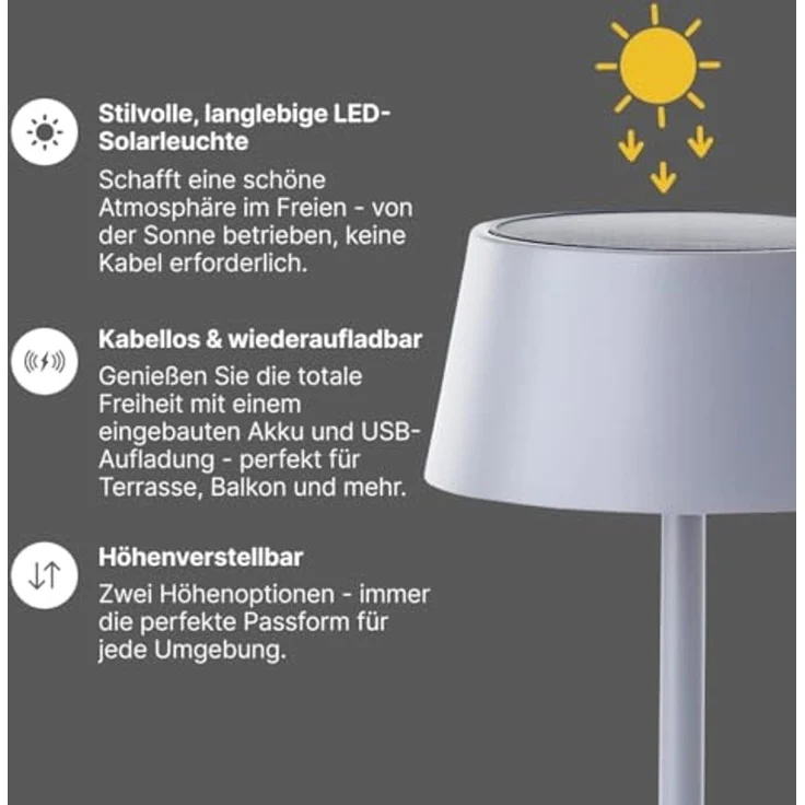 Brilliant Picco Solar Tischlampe Outdoor 30cm Grau Matt - LED Außentischleuchte mit USB & Akku, Dimmbar in 3 Stufen, IP44 Wassergeschützt – Bild 3