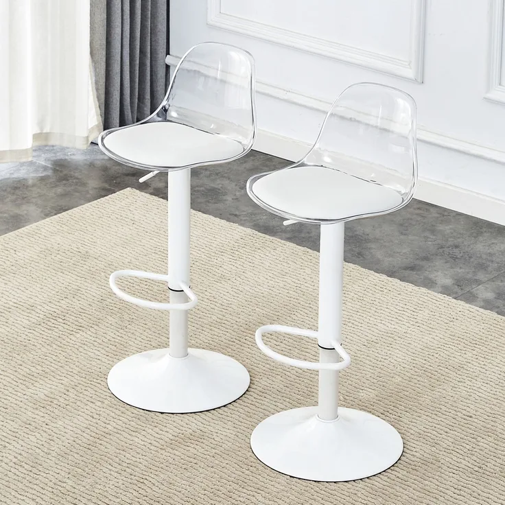 2-Pack verstellbarer Balkenstuhl: transparente Rückenlehne + weiße Metallbeine, höhenverstellbar von 82-104 cm, 360 ° Drehung.--Transparent, Weiß--40.5x40.5x50cm--YOUDENOVA