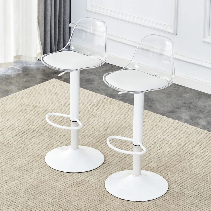 2-Pack verstellbarer Balkenstuhl: transparente Rückenlehne + weiße Metallbeine, höhenverstellbar von 82-104 cm, 360 ° Drehung.--Transparent, Weiß--40.5x40.5x50cm--YOUDENOVA – Bild 1
