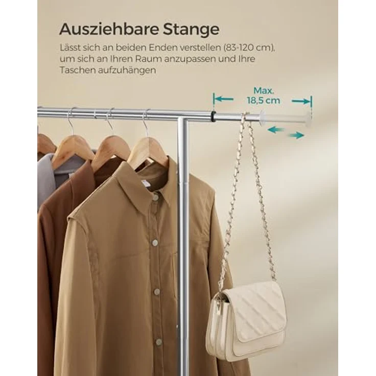 SONGMICS Stand Appendiabiti Con Ruote, Attaccapanni Estensibile in Metallo, Con Ripiano Portaoggetti Rialzato, 40 x (83-120) x 156 cm, Portata Totale 45 kg, Argento HSR134E01 – Bild 4