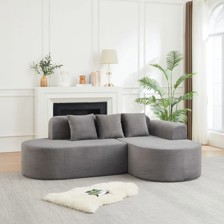 Ecksofa mit großzügiger Sitzfläche, grauer Cordbezug und geschwungenem Chaiselongue-Design,70x220x155 cm – Bild 2