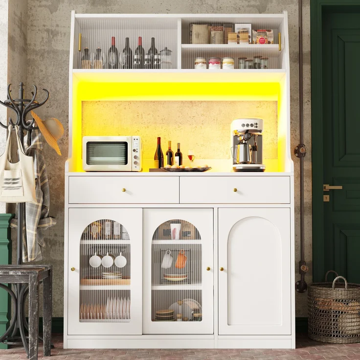 Küchenschrank, Hochschrank, Vitrinenschrank, Buffetschrank mit Verstellbaren Ablagen, Esszimmerschrank mit 2 Schubladen,Sideboard mit LED-Beleuchtung,Variable Lichtfarben,Weiß--Weiß--120x40x180cm--YOUDENOVA – Bild 1