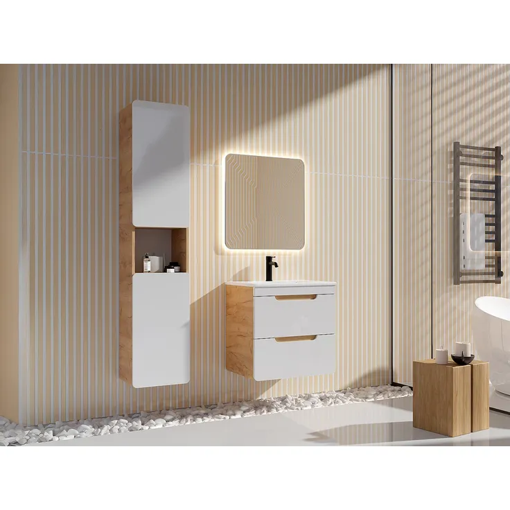 Vente-unique - Waschbeckenunterschrank hängend mit Einbauwaschbecken & Badhochschrank - Holzfarben & Weiß - 60 cm - ARUBA