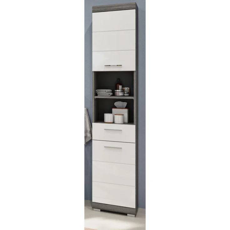 Badezimmer Hochschrank Shawn in weiß Hochglanz und Rauchsilber grau 37 x 191 cm – Bild 1
