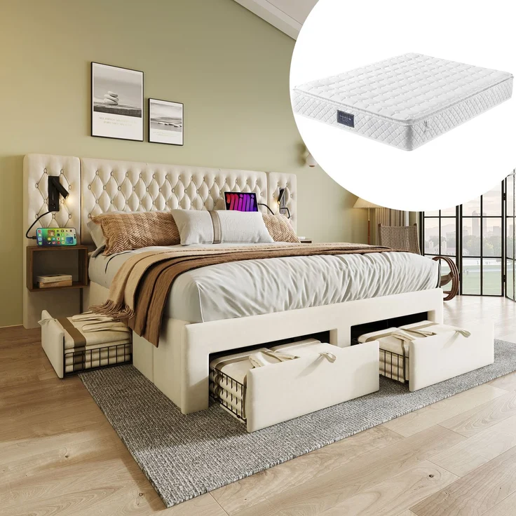 Schlafzimmer-Komplettset Samt, mit Leselicht, Ladestation & Schubladen, 160x200 cm, Beige, mit Matratze – Bild 1