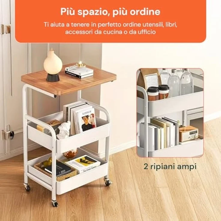 Avilia - Mehrzweck-Küchenwagen 77 x 43 x 30 cm mit 2 Ablagen aus Metall und Holz, leicht zu bewegen mit 4 drehbaren Rollen, ideal als platzsparendes Möbelstück für Zuhause und Büro – Bild 3