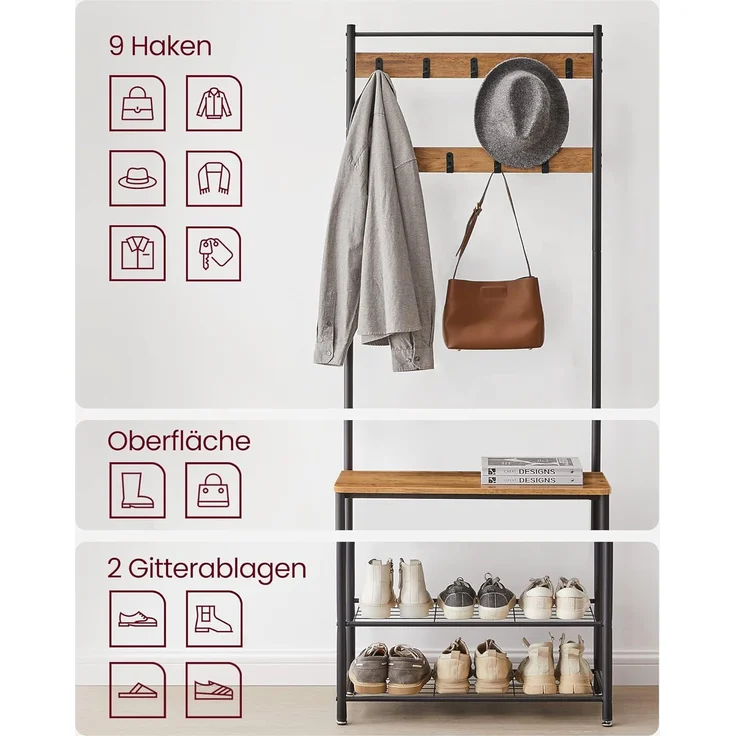 Vasagle Garderobenständer, Kleiderständer mit Schuhablagen, Schuhregal mit Sitzfläche, für Flur, mit Haken, 3 Ablagen, aus Metall, Höhe 175 cm, Industrie-Design, walnussbraun-schwarz HSR041B41 – Bild 7
