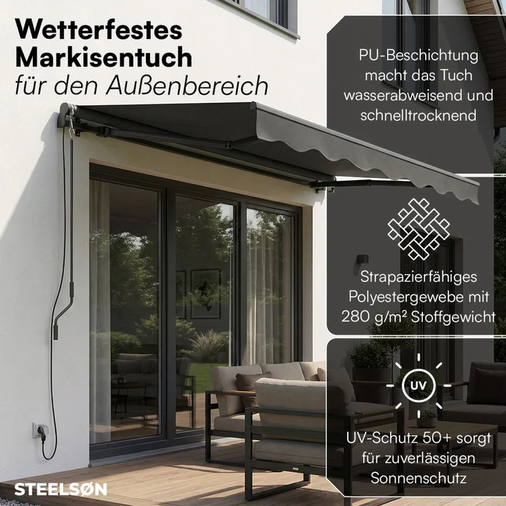 STEELSØN 'Kestria' elektrische Gelenkarmmarkise 300x250 cm mit LEDs, Markise anthrazit, Terrassenmarkise selbst montierbar – Bild 6