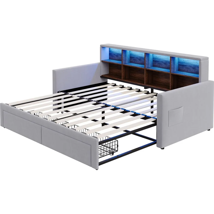 Merax Einzelbett Daybett 90/180 x190cm Ausziehbares Polsterbett Schlafsofa, Kopfteil mit integrierten Staufächern, LED-Lichtleiste und Ladesteckdosen, Mit 2 Schubladen, Samt Hellgrau – Bild 8