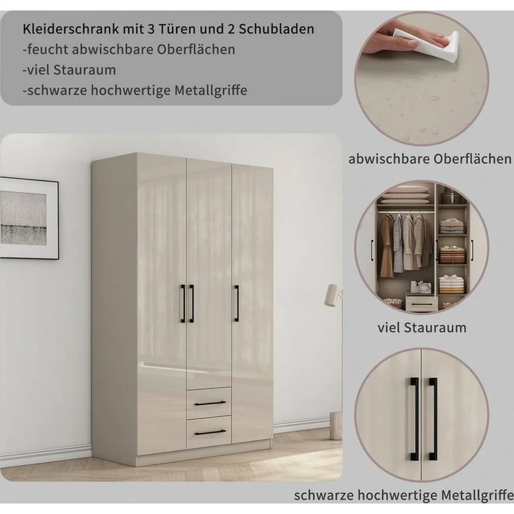 OTTO home Kleiderschrank Sylt Schlafzimmerschrank Garderobe Schrank Bestseller hochglanz (hochwertige schwarze Metallgriffe) Drehtürenschrank mit perfekter Innenausstattung, Breite 120cm – Bild 2