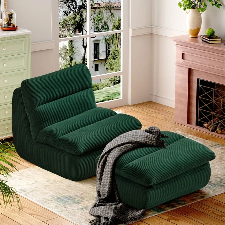 Beanbag Sofa aus Cord mit Fußhocker, 101x81x75 cm, Grün – Bild 1