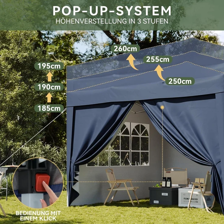 Aoxun Pop Up Pavillon 3x3 Wasserdicht mit 4 Seitenwänden, Metallrahmen-Schutzzelt, Höhe Verstellbar, 3mx3m Faltpavillon mit Tragetasche für Camping Party, Blau – Bild 6