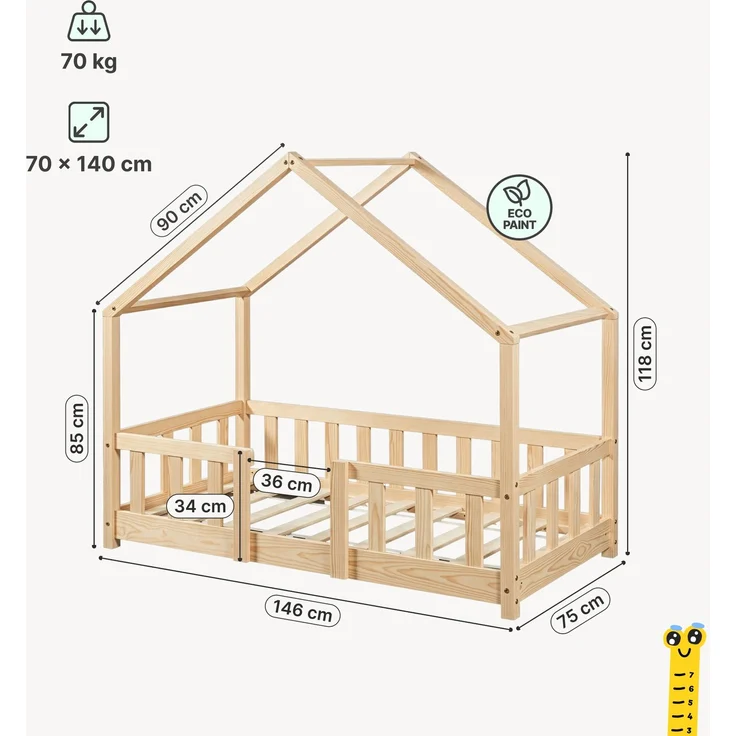 en.casa Hausbett aus Kiefernholz mit Rausfallschutz und Lattenrost 70x140 cm, natur – Bild 2