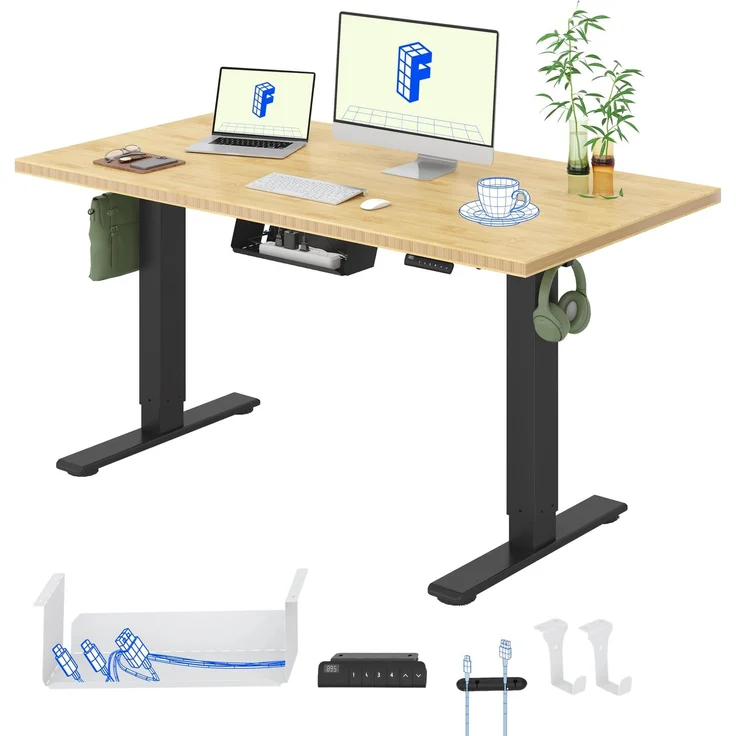 FLEXISPOT Höhenverstellbarer Schreibtisch mit 2 Motoren und einteiliger Tischplatte – Ergonomischer Bürotisch, 140x80 cm, Bambus-Tischplatte (19 mm), schwarzes Gestell – Bild 1