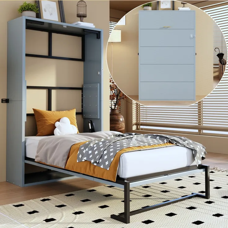 Merax Schrankbett, 90x200 cm Murphy-Bett, Metallrahmen-Wandklappbett, Faltbett Kombination aus Metallrahmen und Holzplatte, mit Verriegelbarer Wandbefestigung, Grau