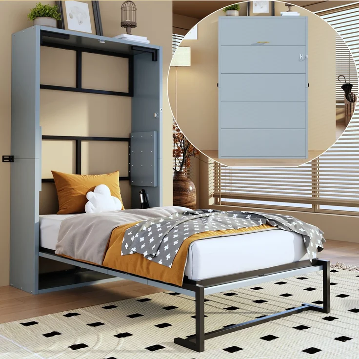 Merax Schrankbett, 90x200 cm Murphy-Bett, Metallrahmen-Wandklappbett, Faltbett Kombination aus Metallrahmen und Holzplatte, mit Verriegelbarer Wandbefestigung, Grau – Bild 1