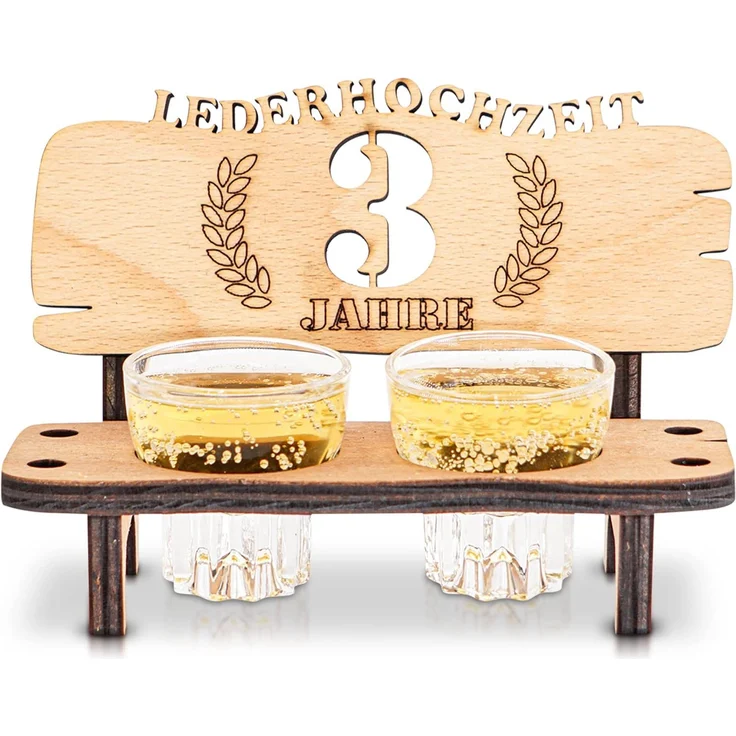 DARO Design - Schnapsbank 3. Hochzeitstag Lederhochzeit Geschenk Deko für Paare Männer Frauen aus Holz mit Gläsern