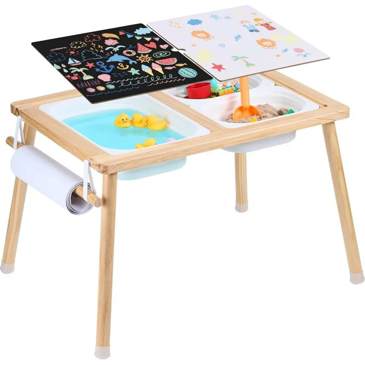 VEVOR Sensorischer Tisch Aktivitätstisch für Kinder mit 3 faltbaren Aufbewahrungsbehältern & Papierrollenhalter, Sand- und Wassertisch sensorischer Zeichentisch aus Holz, Geschenke für Kinder