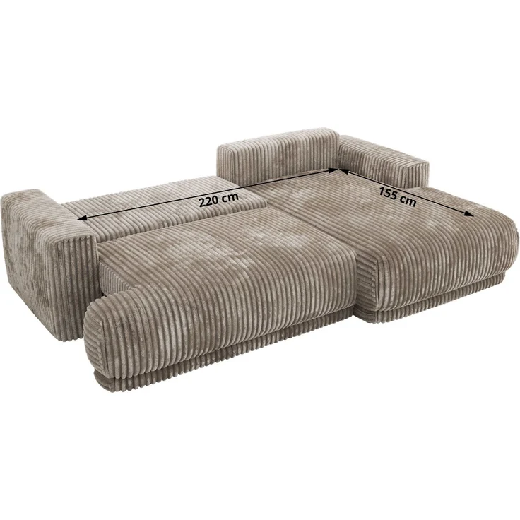 RINA L Design Ecksofa, Schlaffunktion & Stauraum, DL-System, Wellenfedern, Liegefläche 220x155 cm, freistehendes Polstersofa, Schlafcouch - Hellbraun Cord - Links Seite – Bild 7