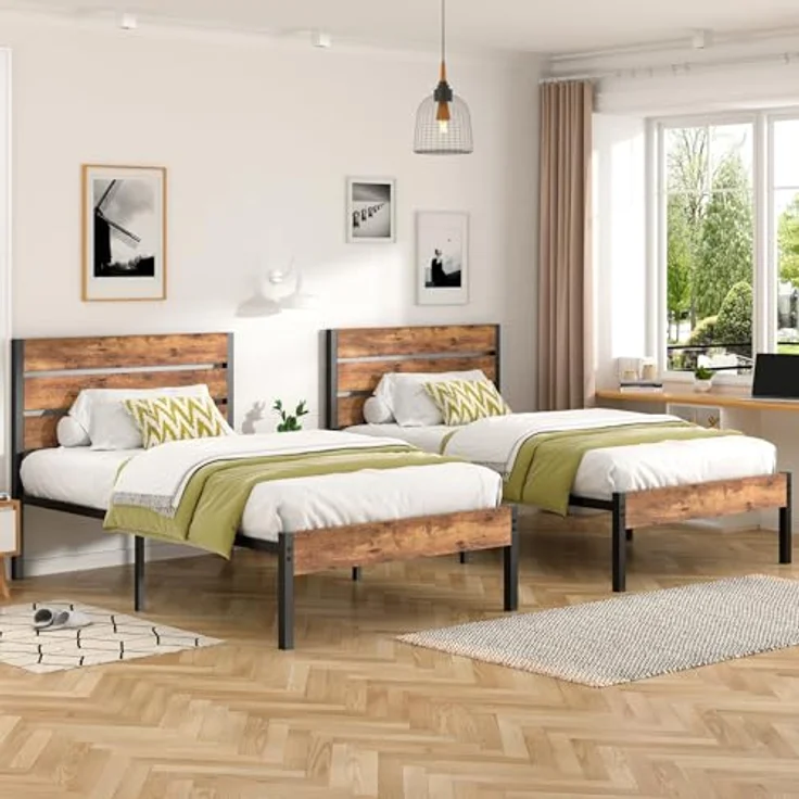 VECELO 2er-Set Bettgestelle 90x200 cm, Einzelbetten mit Holzkopfteil und Metall-Lattenrost, stabil und geräuschlos, mit 31 cm Stauraum, Industrial Design für Schlafzimmer, Braun – Bild 4