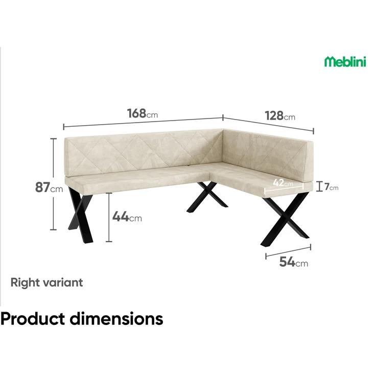 MEBLINI Eckbank für Esszimmer - Küchenbank - Essecke - Sitzecke Küche - ERIC - X-Beine 128x168x87cm Rechts - Creme Samt – Bild 7