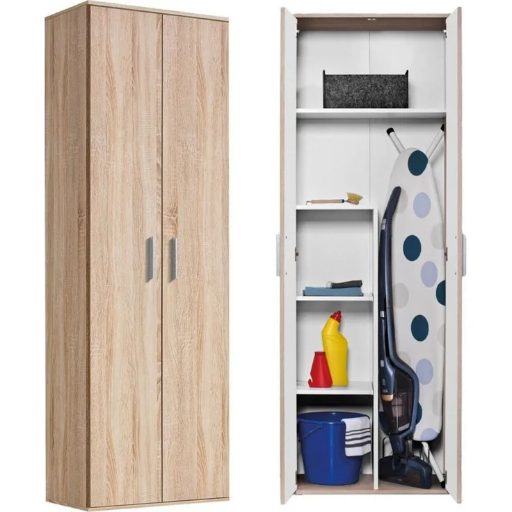 mokebo® Besenschrank 60CM Breite mit Staubsaugerfach 'Der Lange' moderner Mehrzweckschrank in Sonoma Eiche aus Holz, Schrank & Putzschrank | 60 x 180 x 34 (B/H/T in cm) | Braun