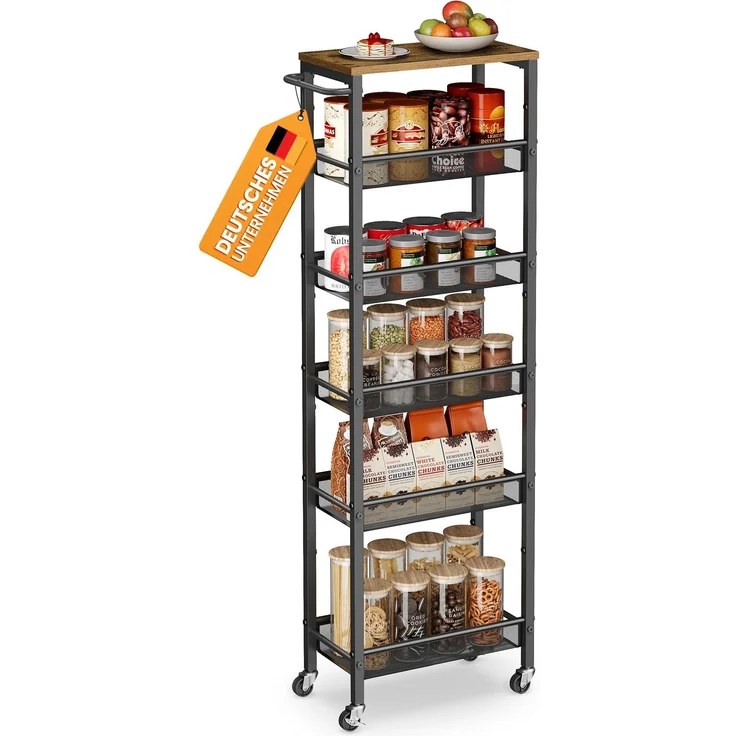 VASAGLE Rollwagen, Schmaler Küchenwagen mit 6 Ebenen, Nischenregal mit Rollen, 45,4 x 22 x 131,4 cm, für Küche und Bad, Rustikales Braun und Mattschwarz, Dacey Kollektion LRC039K101