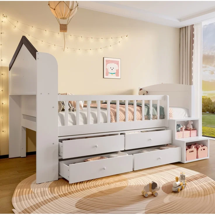 Halbhohes Kinderbett 90x200 cm in Hausform mit LED, 4 Schubladen, Regalen und Leiter, Weiß – Bild 3