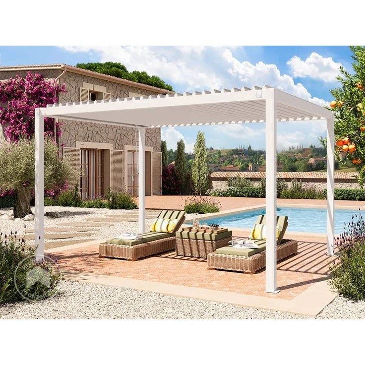 PRIMEYARD Pergola 3x4 m Aluminium-Pfosten mit Lamellendach aus Stahl weiße Terrassenüberdachung – Bild 2