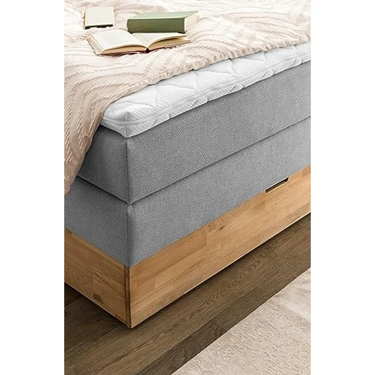 Belanoti MARBO Boxspringbett 140x200 mit Bettkasten 7-Zonen Taschenfederkern Matratze inklusive Visco Topper Bett 140x200 Eiche in der Farbe Hellgrau H2/H3 Polsterbett mit Massivholz Eiche – Bild 9