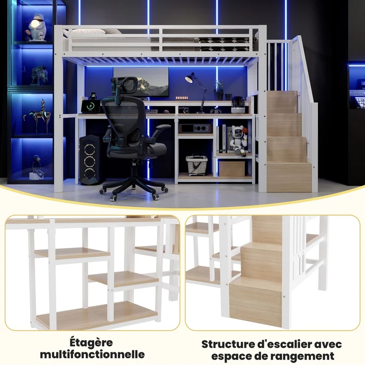 EINHOM Hochbett, 90 x 200 cm, Metallbettgestell, Leiterschrank, Ablagefach, USB + Typ-C, LED-Lichtleiste, Weiß (Ohne Matratze) – Bild 7