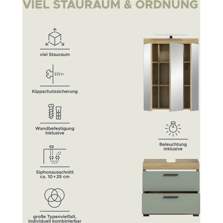 Xonox Scout Badkombination (B/H/T: 60x191x34 cm) in Salbei und Artisan Eiche Nachbildung – Bild 12