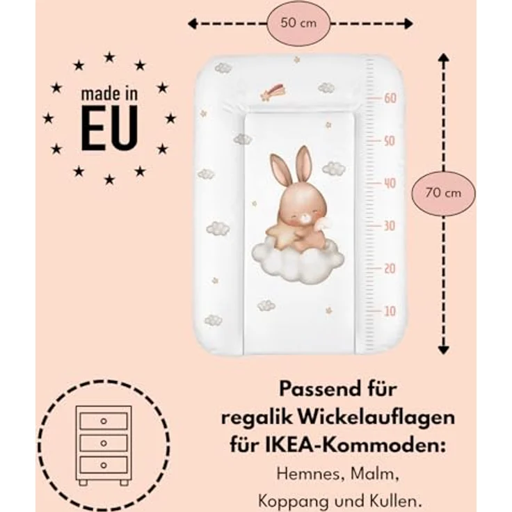 Wickelauflage 50x70 cm, Weiß mit Hase – abwaschbar & wasserdicht, weich für Neugeborene – Wickeltischauflage für Wickelkommode – Baby Wickelunterlage, schnell abwischbar – Bild 5