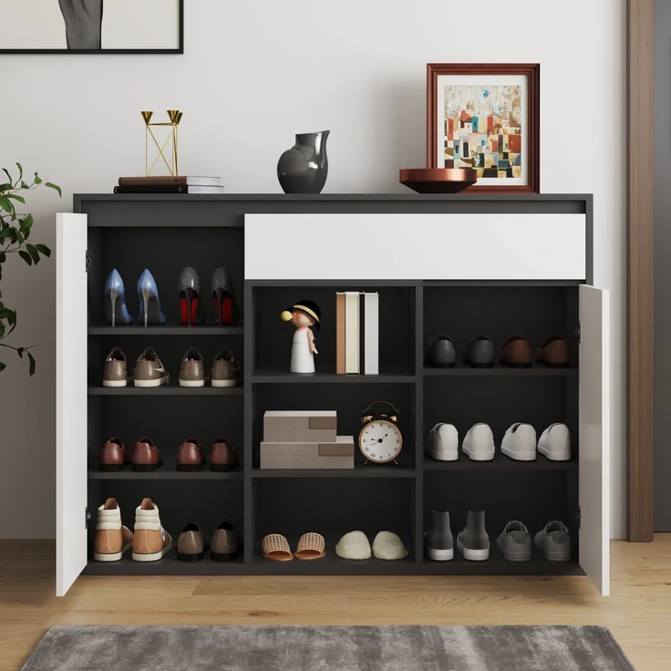 Schuhschrank aus Spanplatte mit LED & Glasböden, 105x39,5x86 cm, Schwarz – Bild 4