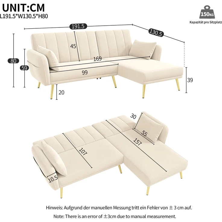 Merax Modernes Klappsofa, L-förmiges Sofa, Schlafsofa mit Zusatzecke, Ecksofa mit Schlaffunktion, Beige – Bild 4