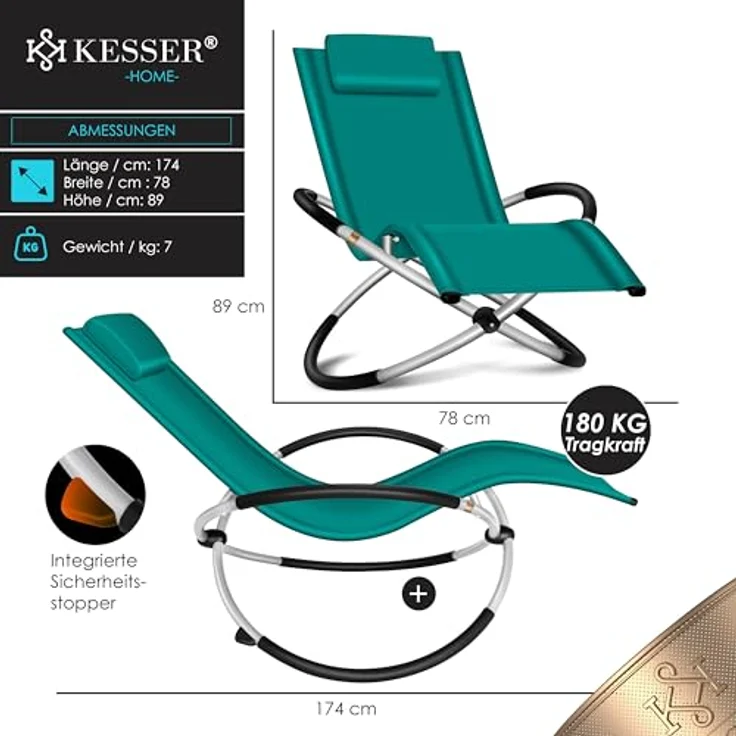KESSER® Relaxliege Liegestuhl | Gartenliege Sonnenliege | Gartenstuhl | Klappstuhl faltbar | Schwungliege | Schaukelsessel | ergonomische Relaxsessel | wetterfest | 180 kg Belastung, Petrol Grün – Bild 2