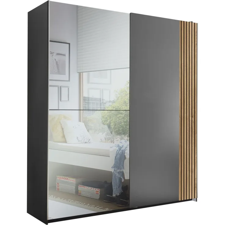 Schiebetürenschrank >Berno< 2 Türen, Grau / Spiegel / Eiche Dekor - 170x195,5x57,2cm (BxHxT)