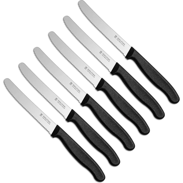 NEUSTANLO | Tafelmesser aus rostfreiem Stahl | 6 Stück | Schwarz | extra scharfer Wellenschliff | ideales Brötchenmesser, Tomatenmesser für den Frühstückstisch