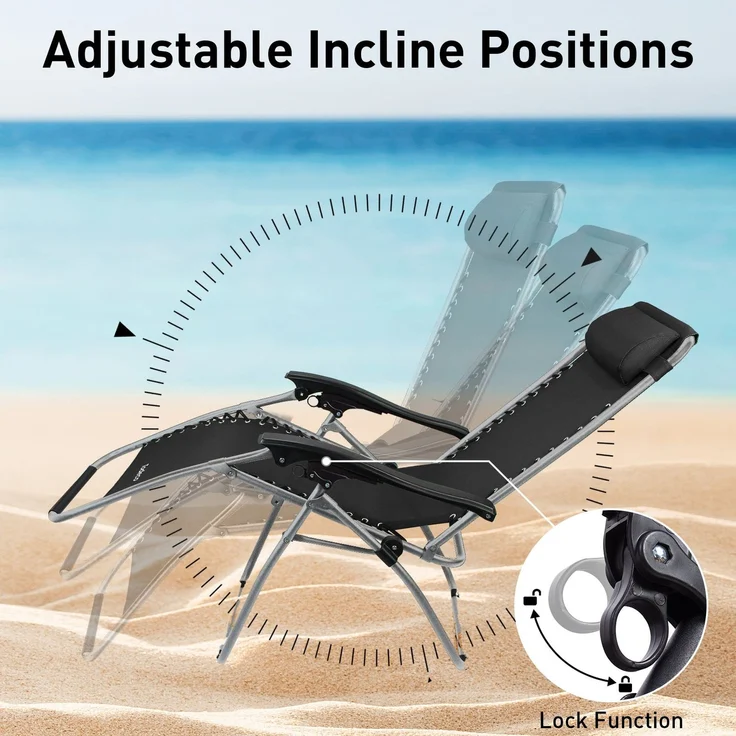 Todeco Liegestuhl klappbar mit abnehmbarem Auflage-Polster, 2 in 1 Sonnenstuhl mit Kopfkissen, Getränkehalter, Verstellbar Rückenlehne, Strandliegestuhl leicht für Camping Garten Strand Pool, Schwarz – Bild 4
