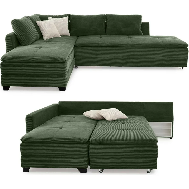 Ecksofa-Dauerschläfer Doppelbett Federkern Bettkasten Regal Couch in Cord Grün – Bild 1