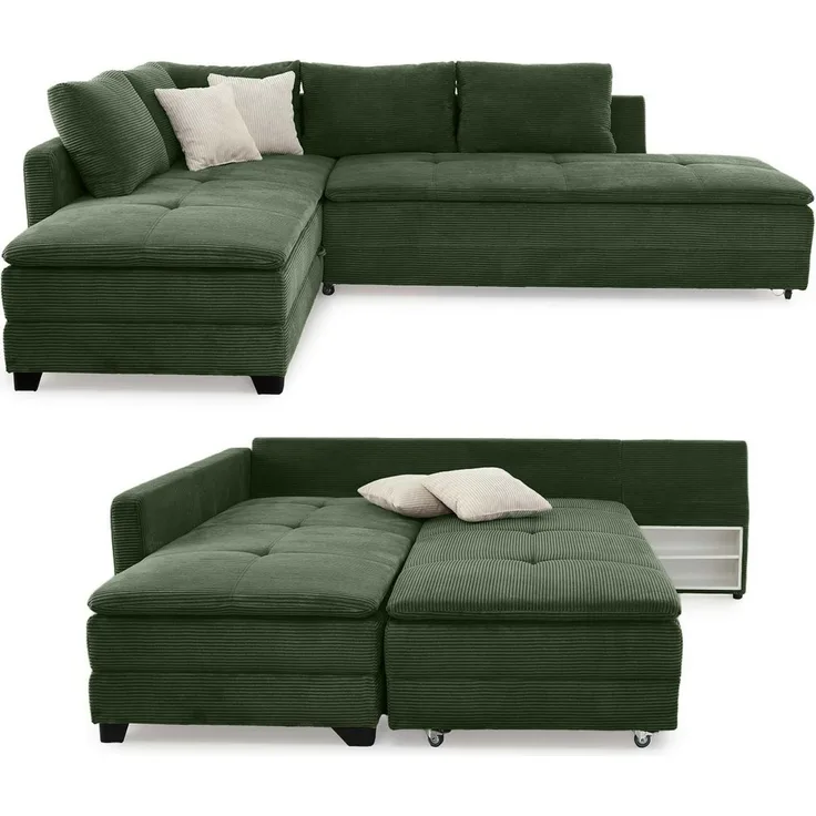 Ecksofa-Dauerschläfer Doppelbett Federkern Bettkasten Regal Couch in Cord Grün