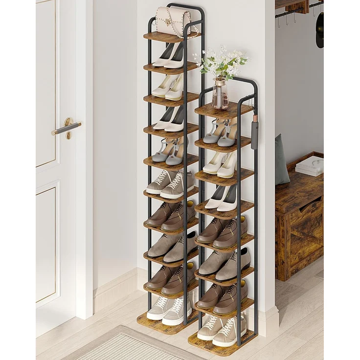 Vertikales Schuhregal, Schuhregale, Schuhturm für kleine Räume, Freistehend, Verstellbar, Platzsparend, 10-Stöckige, Braun und Schwarz – Bild 1
