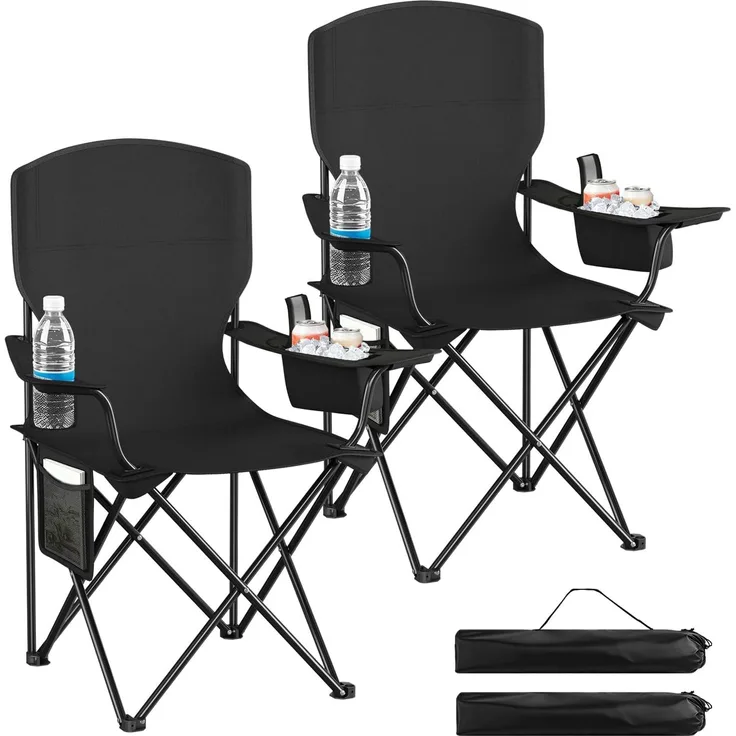 WOLTU Campingstuhl 2er Set faltbar, mit Seitentasche und Kühltasche | Angelstuhl mit Getränkehalter, bis 130 kg Belastbar, für Camping Angeln Picknicks Strand, Schwarz