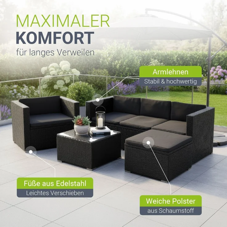 Juskys Polyrattan Lounge Punta Cana L schwarz inkl. Abdeckung – Gartenlounge Set für 4-5 Personen – Sitzgruppe mit Sessel, Sofa, Tisch & Hocker - Sitzbezüge Creme – Bild 5