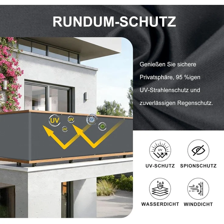 HENG FENG Balkon Sichtschutz 90x500 cm,160g/㎡ PES UV-Schutz Balkonverkleidung, Balkonabdeckung Wetterfest, mit Kabelbindern, Anthrazit – Bild 3
