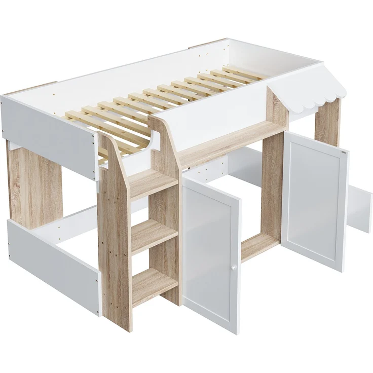 Kinder Hochbett 90x200 niedrig mit Haus-Design - Spielbett mit zweiter Liegefläche, Stauraum, breiter Leiter, weiß & holzfarben – Bild 7