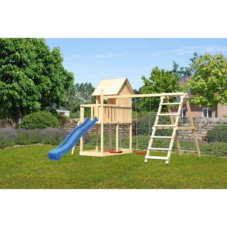 Karibu Kinderspielhaus Frieda Set Aktion2 naturbelassen mit Anbau, Doppelschaukel, Klettergerüst und Rutsche blau – Bild 16