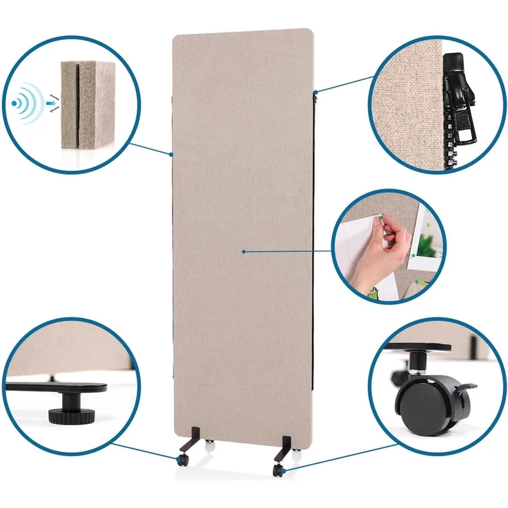 hjh OFFICE Mobile Akustik Trennwand einzeln 177 x 60 cm FLEXMIUT Stoff Taupe Raumteiler Mittelpanel mit Rollen & Gleiter 891003 – Bild 3