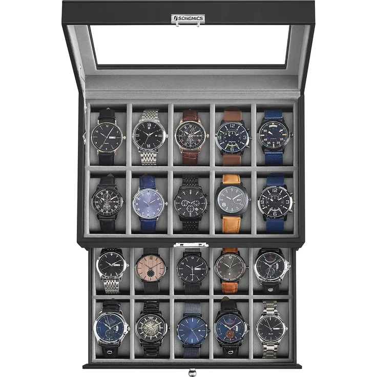 SONGMICS Uhrenbox, Uhrenkasten mit Glasdeckel, 2 Ebenen, Uhrenkoffer mit herausnehmbaren Uhrenkissen, Uhrenschatulle, Geschenkidee, PU-Bezug in Schwarz, Samtfutter in Grau JWB020